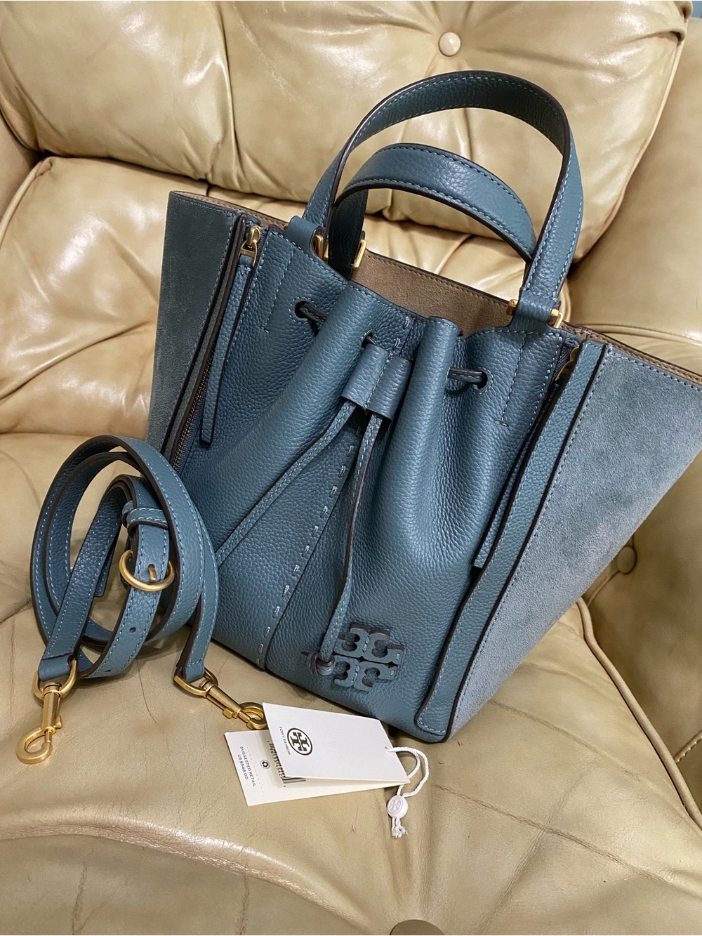 LKNW Tory Burch Dragonfly Leather Crossbody Bag Drawstring Suede McGraw Arctic